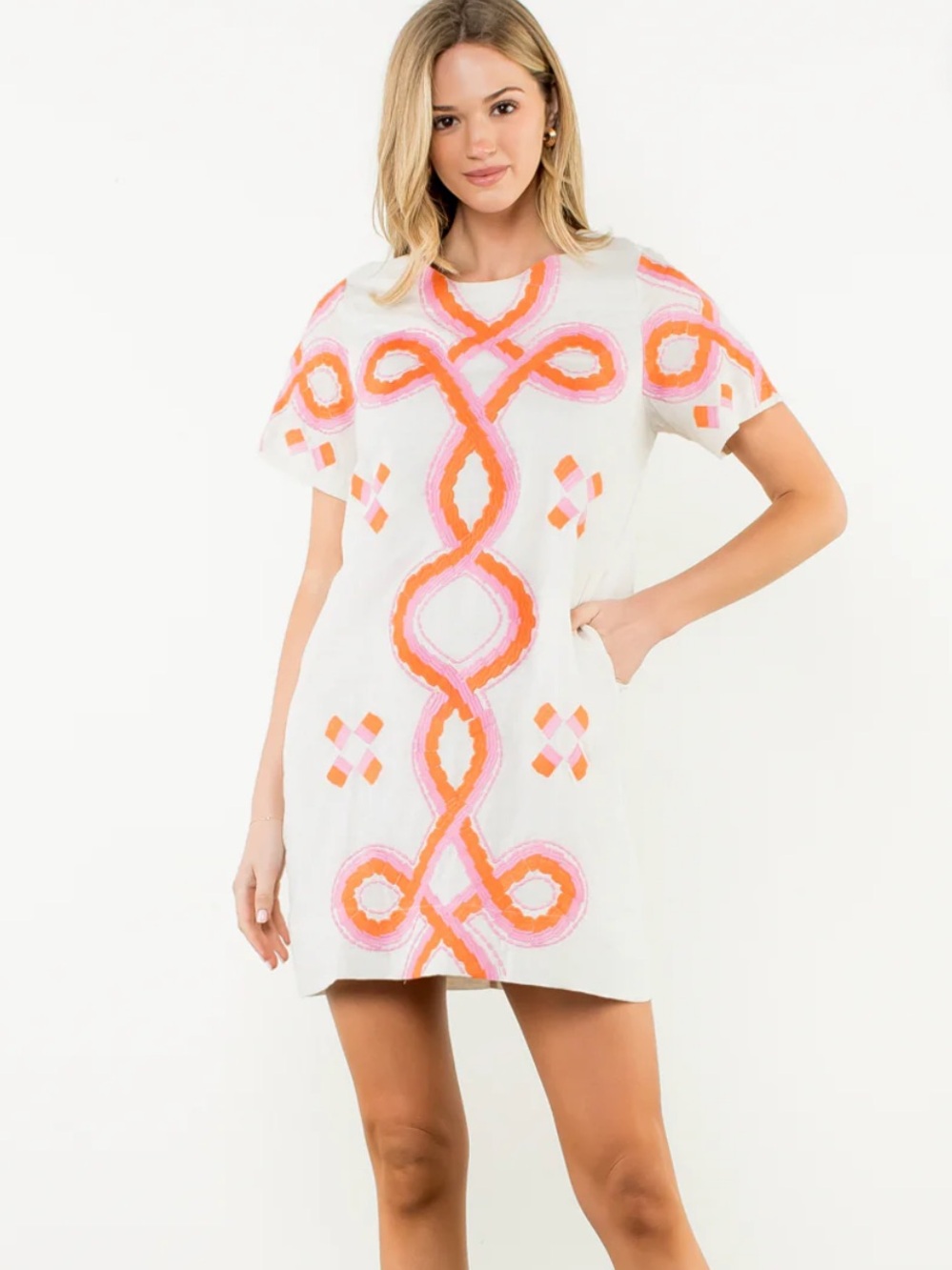 NWT THML Sienna Short Sleeve Orange & Pink Embroidered Shift Dress Small $98
